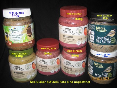Wildvogelfutter, Meisenknödel, Erdnussbutter, Nüsse, SB-Kerne etc (Cashewkerne)